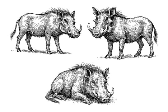 warthog set in detailed vintage engraving style, Transparent Background