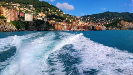 View of Camogli from the sea near Genoa