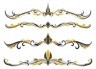 Floral art illustration. Black and gold pinstripes art motorcycle and car. Retro and vintage ornaments. For vinyl sticker, painting template, tattoo, apparel, border, frame. Vector Eps 10.