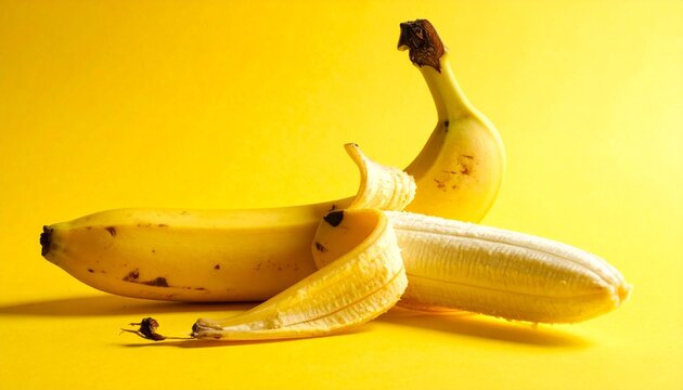 Two bananas on yellow background, peeled and whole… - Powered by Adobe