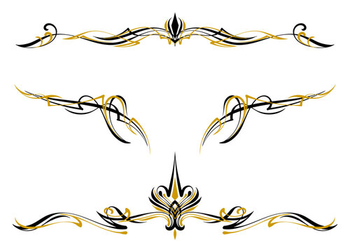 Floral art illustration. Black and gold pinstripes art motorcycle and car. Retro and vintage ornaments. For vinyl sticker, painting template, tattoo, apparel, border, frame. Vector Eps 10.