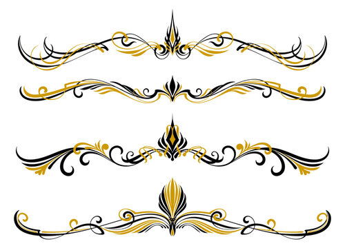 Floral art illustration. Black and gold pinstripes art motorcycle and car. Retro and vintage ornaments. For vinyl sticker, painting template, tattoo, apparel, border, frame. Vector Eps 10.