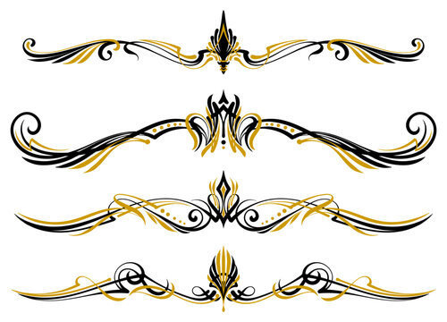 Floral art illustration. Black and gold pinstripes art motorcycle and car. Retro and vintage ornaments. For vinyl sticker, painting template, tattoo, apparel, border, frame. Vector Eps 10.
