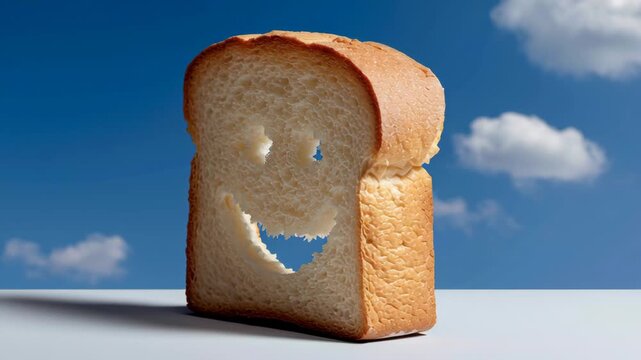 Slice of bread with a smiley face drawn on it, with a blue sky in the background