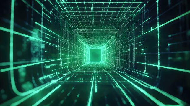 Digital data flowing through abstract green network tunnel
