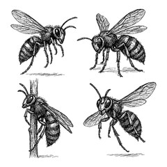 wasp set in detailed vintage engraving style, Transparent Background