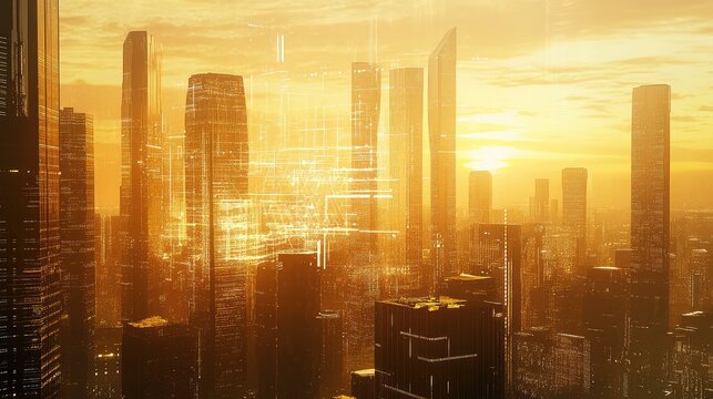 Futuristic city establishing digital network and technologies at sunset - Powered by Adobe