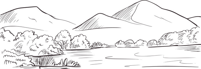 Mountain lake trees sketch nature