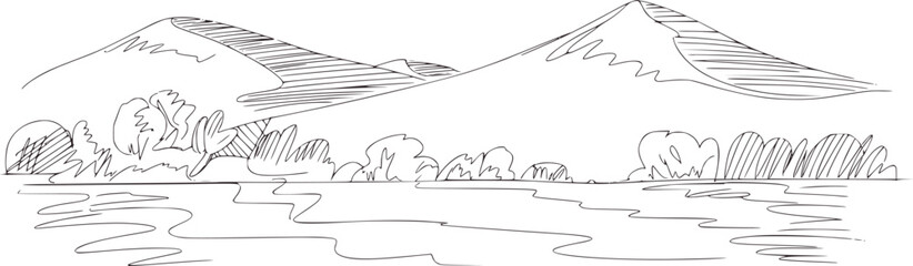 Mountains trees and water line drawing landscape black
