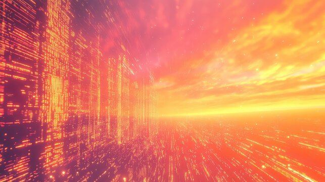 Abstract digital cityscape glowing with lines of data at sunset