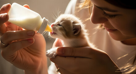 Woman feeding bottle to kitten in soft light indoors  