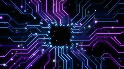 Abstract glowing circuit board pattern with blue and purple lines on a dark background, representing digital technology and data flow. - Powered by Adobe