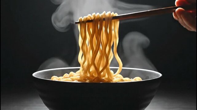 Steaming hot ramen noodles lifted with chopsticks from a dark bowl creating a visually appealing