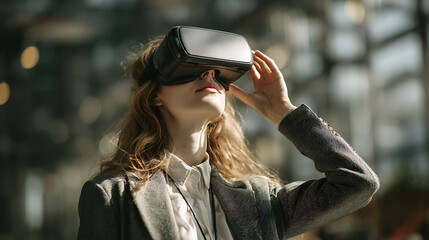 businesswoman focused on virtual reality interaction using a vr headset to experience immersive digital content demonstrating tech driven innovation in a professional workspace