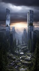 Nature reclaiming futuristic city after global collapse