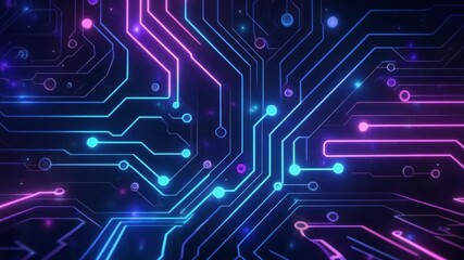 Abstract glowing circuit board pattern with blue and purple lines and dots on a dark background, representing technology and digital connections. - Powered by Adobe