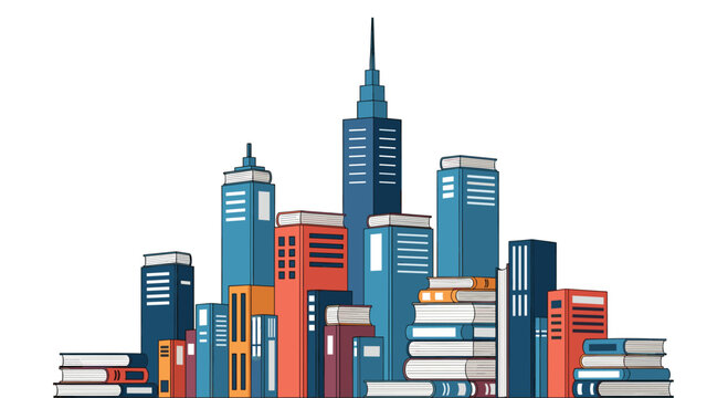 Stunning cityscape artfully blends towering skyscrapers with stacked books, symbolizing knowledge, education, and urban development - Powered by Adobe