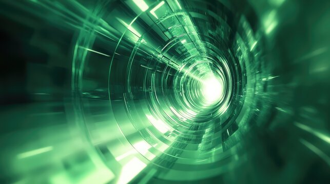 Abstract glowing green light data tunnel traveling - Powered by Adobe