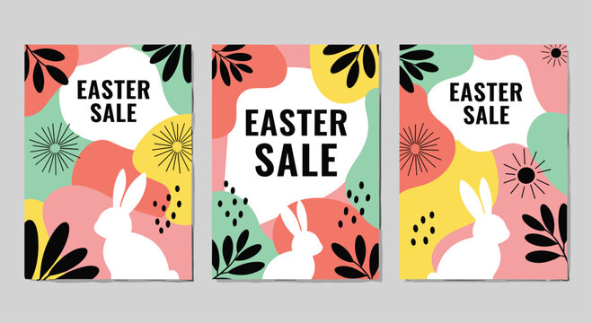 Vibrant Easter sale announcement featuring playful bunnies and abstract colorful shapes, perfect for spring promotions and holiday marketing