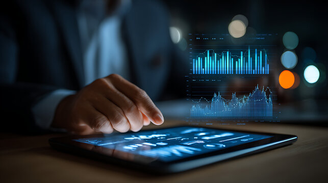 business analyst in a suit working on a tablet device featuring charts graphs and performance dashboards capturing financial insights strategic planning and data evaluation