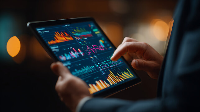 business analyst in a suit working on a tablet device featuring charts graphs and performance dashboards capturing financial insights strategic planning and data evaluation