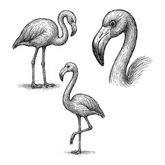 Flamingos in various poses drawn in vintage engraving style, Transparent Background