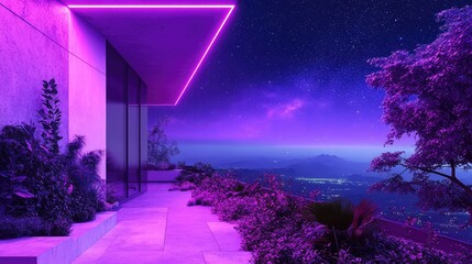 Obraz premium Modern building balcony with neon lights and starry night sky