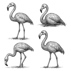 Flamingos in various poses drawn in vintage engraving style, Transparent Background