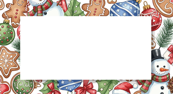 Whimsical Christmas border with festive gingerbread cookies, snowmen, ornaments, and pine branches framing blank space