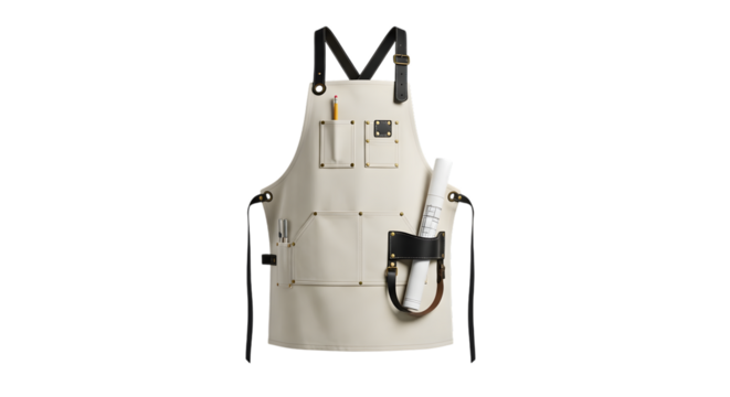 Beige canvas apron with black leather straps isolated on transparent background
