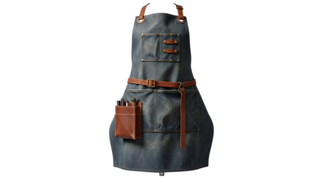 Denim apron with leather straps isolated on transparent background