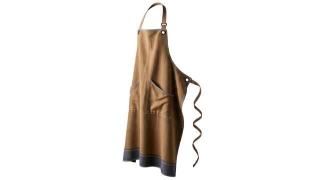Brown canvas apron with pockets isolated on transparent background