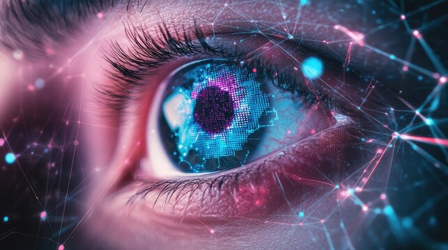 Human eye connecting with digital network and artificial intelligence
