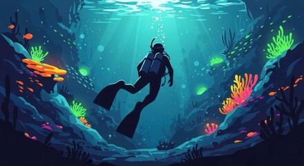 Underwater Scuba Diver Exploring a Beautiful Coral Reef with Sunlight Beams and Vibrant Marine Life