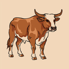 Cow Illustration, Brown Farm Cow Standing Vector in Full Body