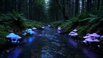 forest stream flows through dense tree line. river water moves over rock bed. mushroom cluster emits soft glow on moss. reflection shimmers on water under night sky. mushroom cap glows near bank. - Powered by Adobe