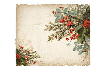 Vintage Christmas Postcard with Decorated Tree and Stamps, isolated on a transparent background.