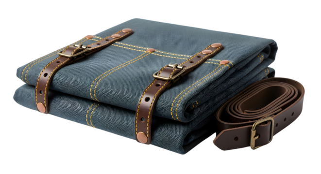 Folded blue blanket with brown leather straps isolated on transparent background