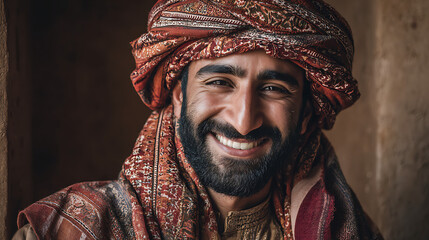 happy arabian man wearing traditional attire, portrait capturing middle eastern cultural heritage