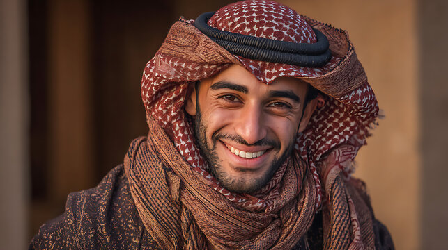 happy arabian man wearing traditional attire, portrait capturing middle eastern cultural heritage - Powered by Adobe