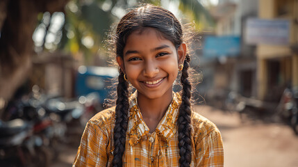 happy young indian schoolgirl smiling in the sunshine representing childhood joy learning lifestyle and the beauty of a bright morning in an educational outdoor setting