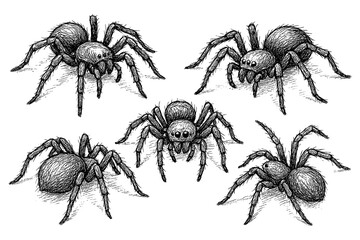 Spider sketches in detailed vintage engraving style, Transparent Background