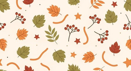 Charming autumn pattern with falling leaves berries and stars on a creamy background
