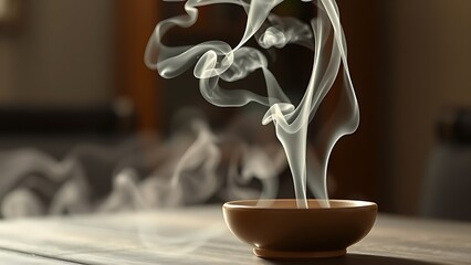 soliloquy. White smoke rising from a simple ceramic incense burner in soft indoor light. event programs, museum guides, designed for cultural heritage projects and event programs, supports education.