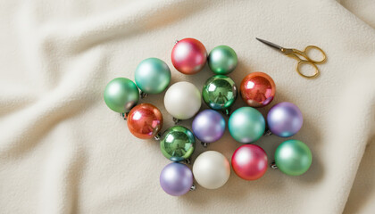 Christmas tree balls and scissors on fabric