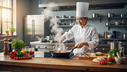 A chef prepares a dish in a professional kitchen