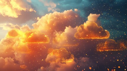 Golden glitter cloud computing data in fantasy sky