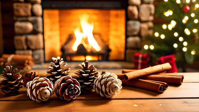 Winter holiday arrangement with frosted pine cones, cinnamon sticks, and rustic wood - cozy winter decor - Powered by Adobe