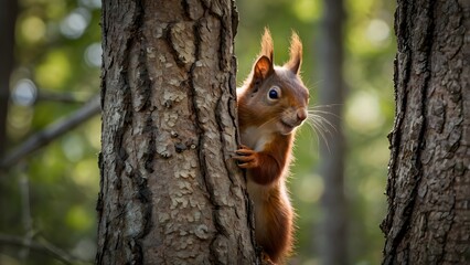 Curious red squirrel hiding behind tree in forest captured in natural wildlife photography