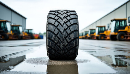 Tread in focus: a construction tire against a backdrop of construction equipment
